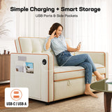 Amada 3 in 1 Convertible Sleeper Sofa Bed,Futon Couches for Living Room with with USB Ports & Side Pockets | Adjustable Backrest| Velvet Fabric | Pull Out Couch | Loveseat | Sectional Sofa Bed,White AMADA HOMEFURNISHING