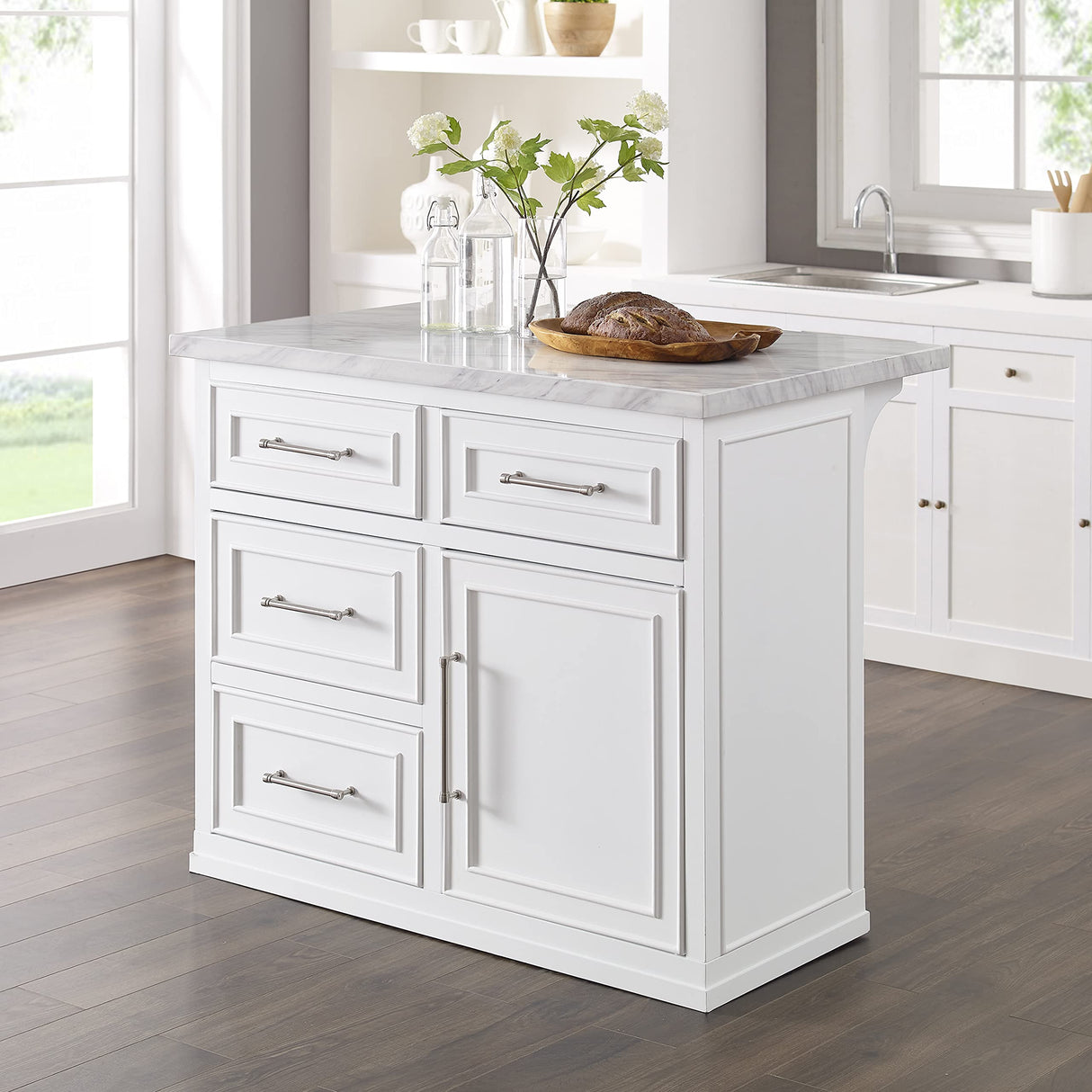Crosley Furniture Cutler Faux Marble Top Kitchen Island with Storage, Breakfast Bar, Microwave Stand, White Crosley Furniture