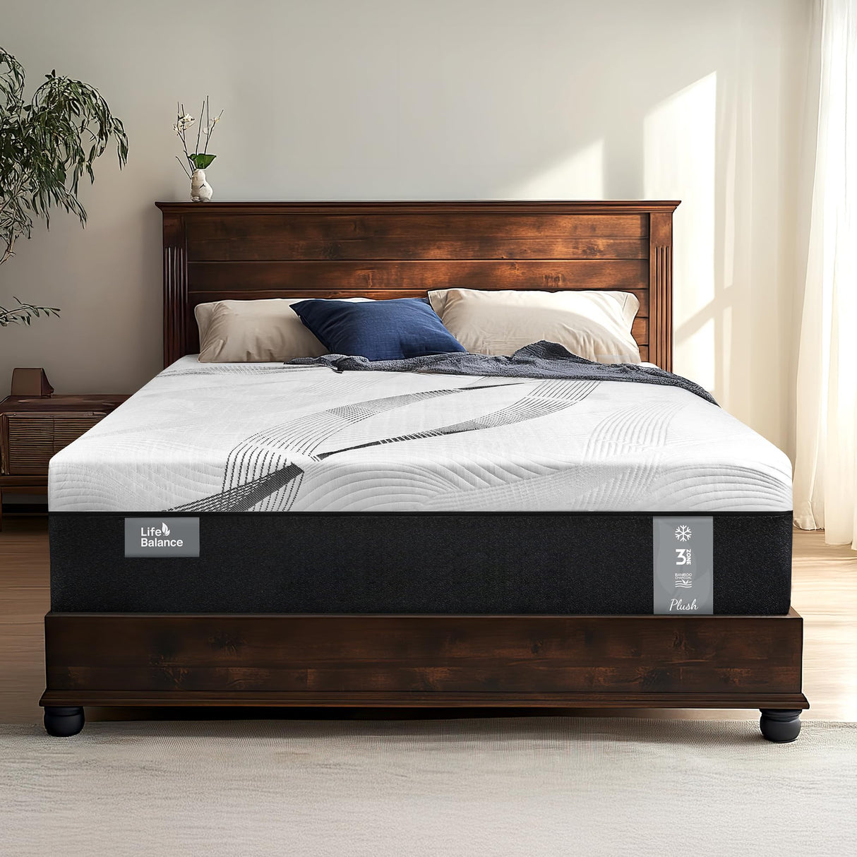 14 Inch Hybrid Mattress Queen Size, Cooling Hybrid Mattress Made in USA, 3-Zone Individual Pocket Spring Mattresses Supportive & Pressure Relief, Lyocell Cover& Bamboo Charcoal Memory Foam Mattress Life Balance