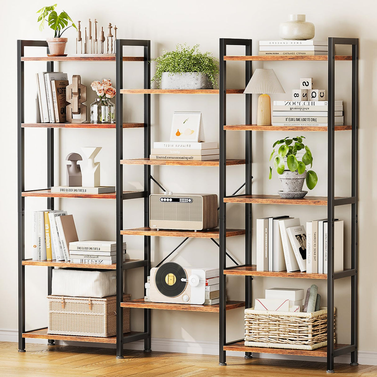 Casaottima Triple 5 Tier Bookshelf, Large Bookcase with 14 Open Display Shelves, Modern Industrial Book Shelves Book Case for Bedroom, Wide Standing Shelving Unit for Living Room Home Office, Vintage Casaottima