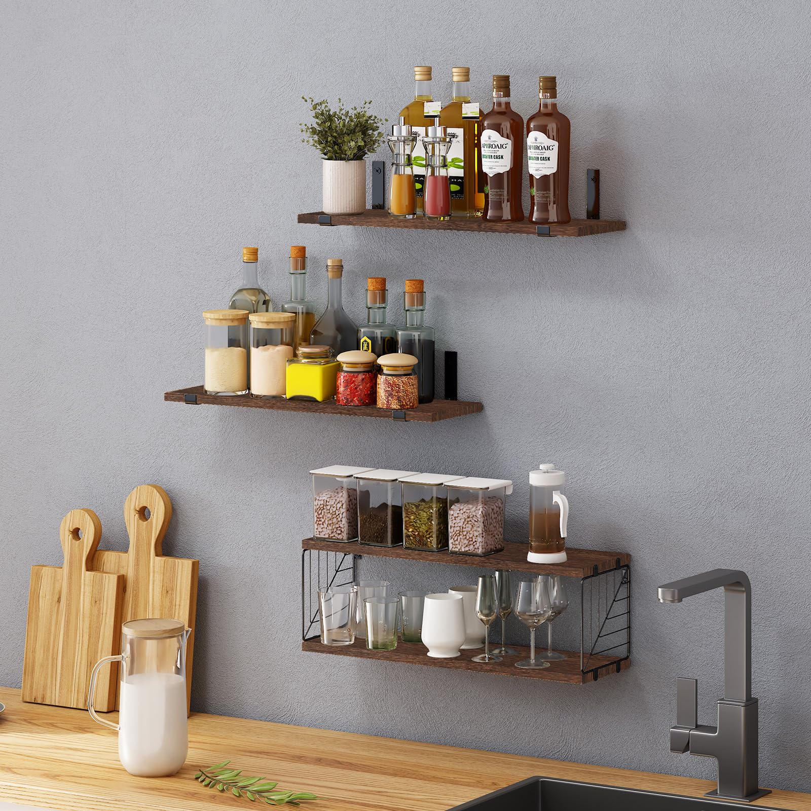 Fixwal 3+1 Tier Bathroom Floating Shelves Over Toilet, 15.8in Farmhouse Rustic Wood Shelves, Wall Decor for Bathroom, Living Room,Bedroom and Kitchen (Dark Brown) - WoodArtSupply