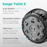 KMC 5-Outlet USB-C PD Surge Twist Retractable Power Strip Cord Reel, 2 USB-A & 1 USB-C Power Delivery, 735J Surge Protector, 8ft Retractable Extension Cord, 3-Prong Flat Plug, UL/ETL Certified, Gray KMC