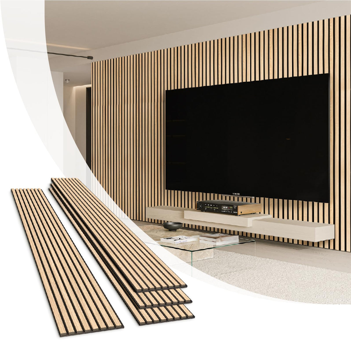 Olanglab Wood Slat Wall Panels, Wooden Acoustic Wall Panels, 94.5"x12.6" Each 3D Wall Panels for Interior Wall Decor, 4 Pack in Total 94.5"x50.4" (Warm Oak) Olanglab