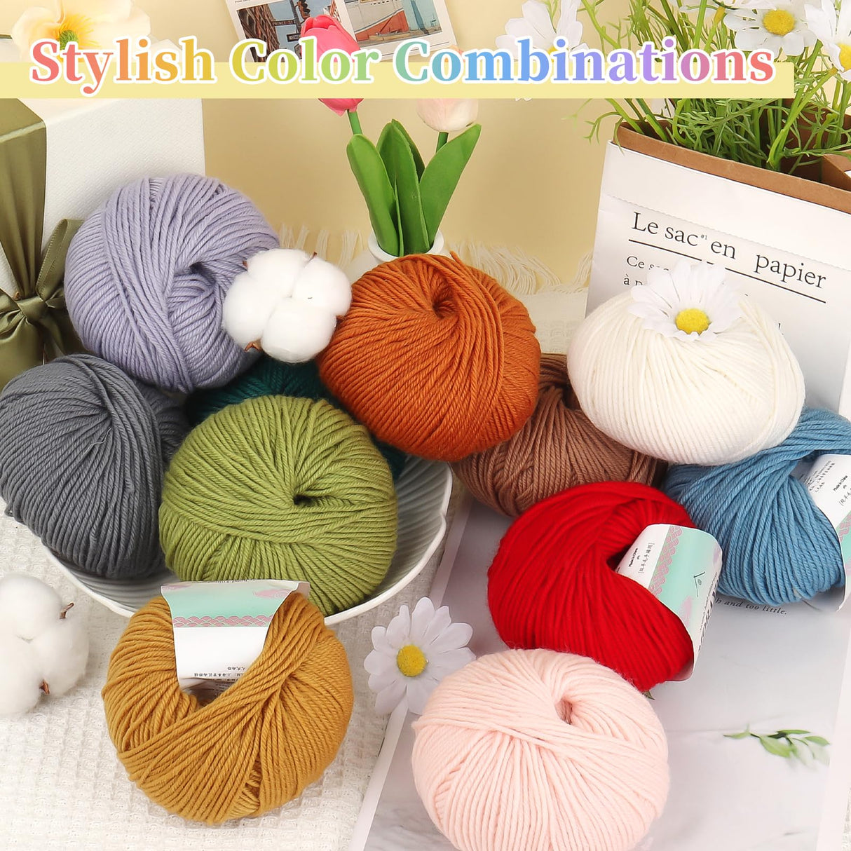 Coopay Yarn for Crocheting, 12 Premium Wool Yarns - 98% Wool 2% Cotton, 1.76oz, 164yds - Crochet Yarn for Clothes, Scarves, Blankets, Shawls (Multicolor) Coopay