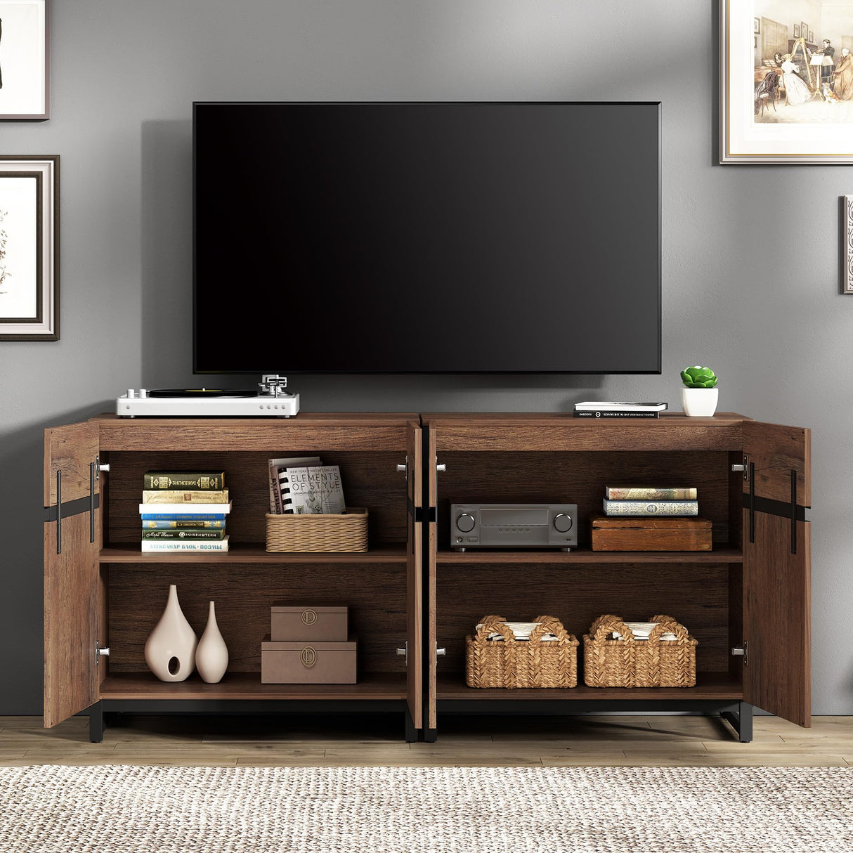 WAMPAT Modern TV Stand for TVs up to 110 inch, 4 in 1 Wood Entertainment Center TV Console Table with Adjustable Shelves and Metal Base for Living Room,Bedroom,Oak WAMPAT