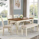 LUXOAK 6-Piece Dining Table Set for 6 People, Solid Wood Table & Upholstered Chair Set w/Bench Seat, Farmhouse Wood Kitchen Table Chairs Set for Living Room, Dining Room, Off White+Brown LUXOAK