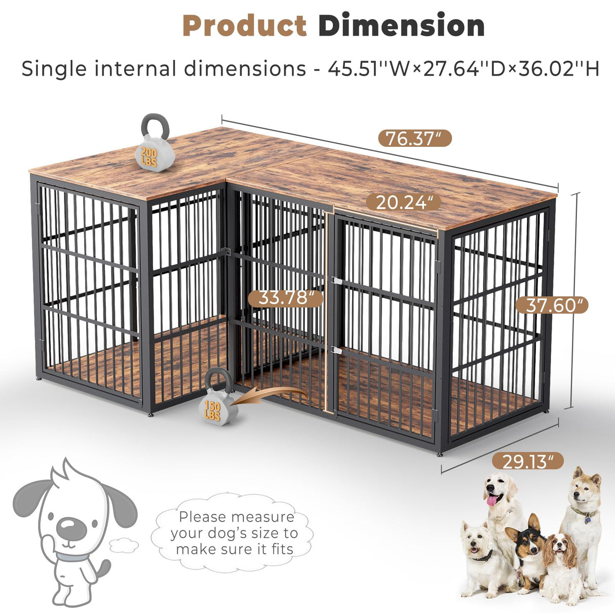 Lyromix 48'' L-Shaped Corner Dog Crate Furniture Large Breed with Double Rooms for 2 Dogs,Wooden Dog Crate End Table Indoor with Removable Divider for Medium to Large Dogs, Can Use Separately Lyromix