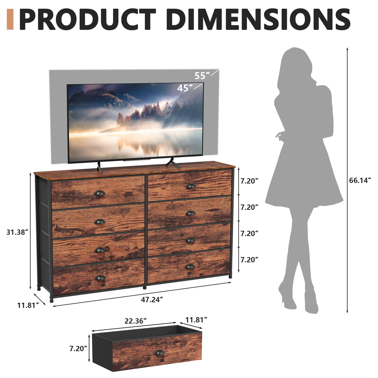 Furnulem Long Dresser for Bedroom, TV Stand for 55'' TV, Wide Storage Drawer Unit with 8 Fabric Bins, Double Dresser for Bedroom, Office, Dorm, Closet, Entryway, Wood Top (Rustic Brown) Furnulem