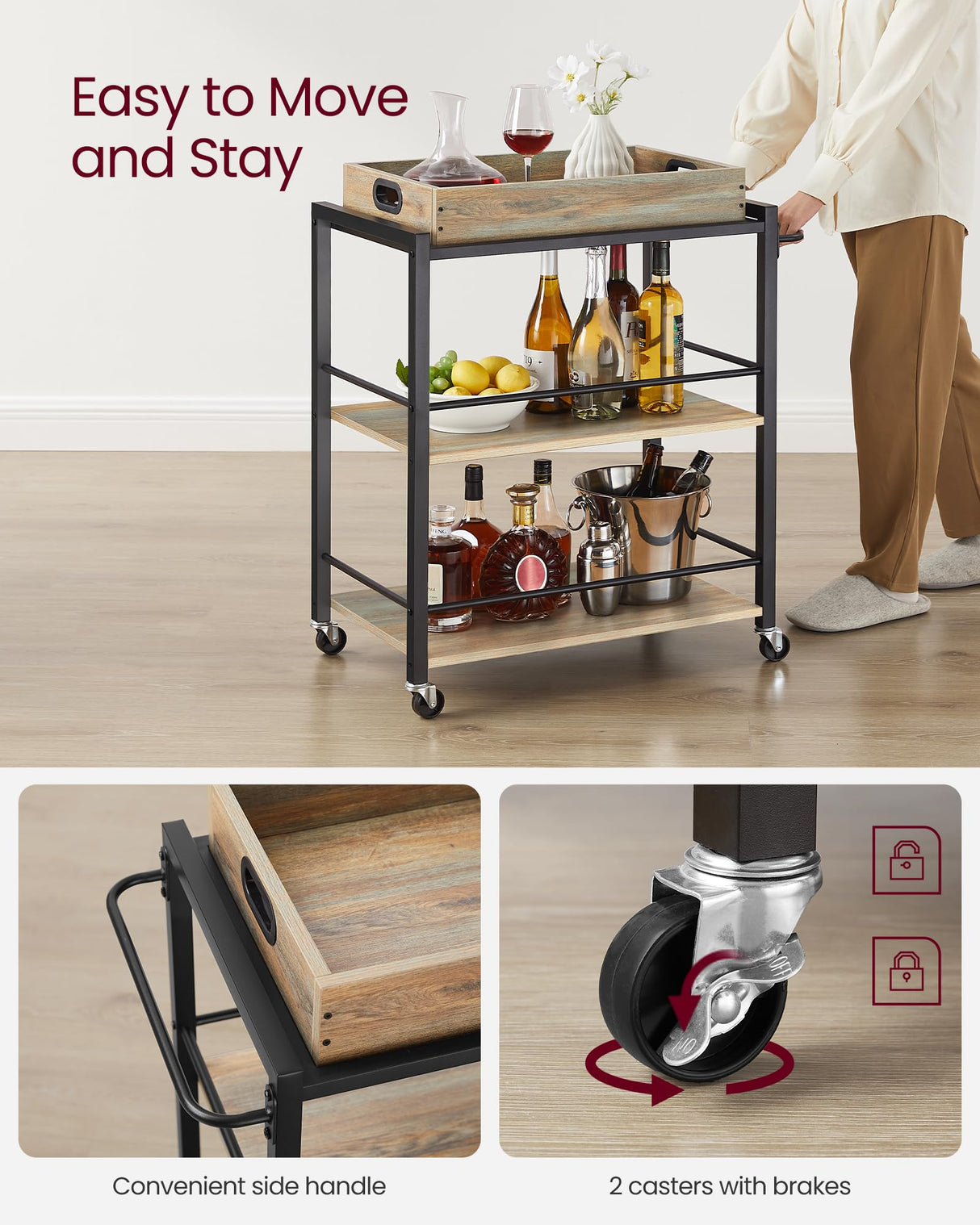 VASAGLE Kitchen Serving Cart with Removable Tray, 3-Tier Kitchen Utility Cart on Wheels with Storage, with Brakes, Leveling Feet, 15.7 x 28.3 x 33.9 Inches, Turquoise Brown and Ink Black ULRC072K60 VASAGLE