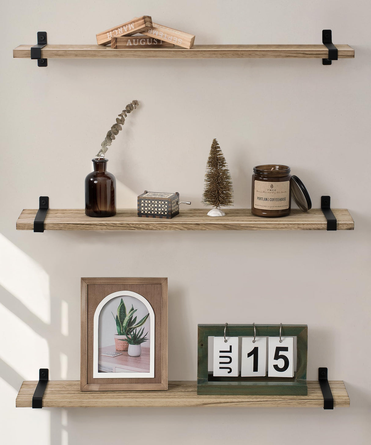 Gronda Floating Shelves Natural Wood Set of 3, 24 Inch Rustic Solid Wood Shelf Wall Mounted Farmhouse Decor Shelves for Bathroom Living Room Bedroom Kitchen Gronda