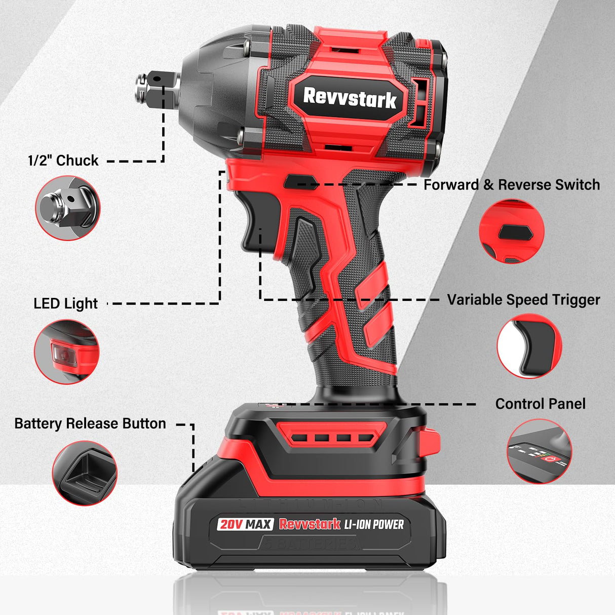Revvstark Impact Wrench, Max Torque 295 Ft-lbs / 400 N.m Cordless 1/2 Impact Driver, 20V 3000RPM Brushless Motor, 2.0Ah Li-ion Battery and Fast Charger, 4 Pcs Sockets Included Revvstark