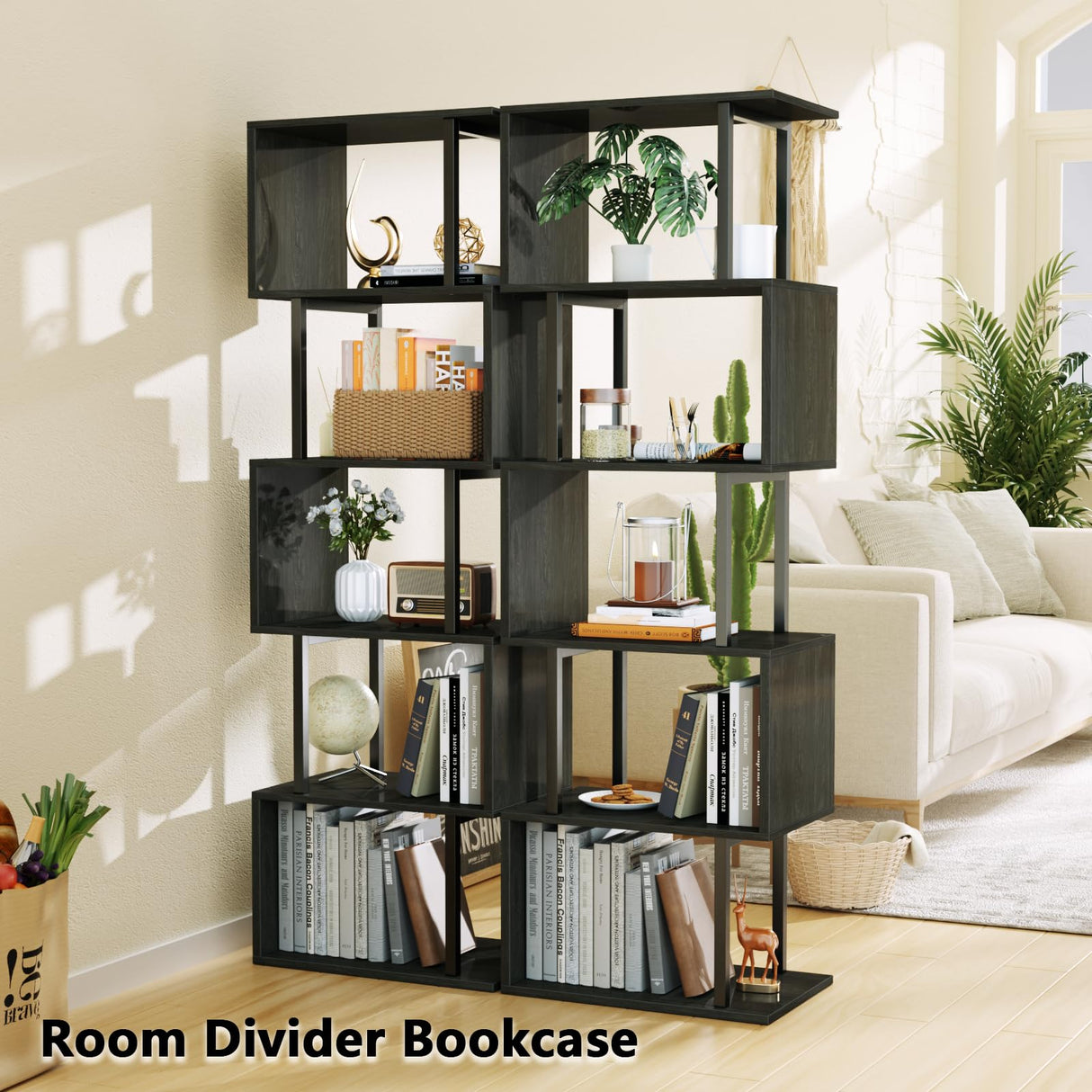 Furologee 6-Tier S-Shaped Geometric Bookshelf in Light Black Oak - Tall Industrial Display and Storage Shelf Furologee
