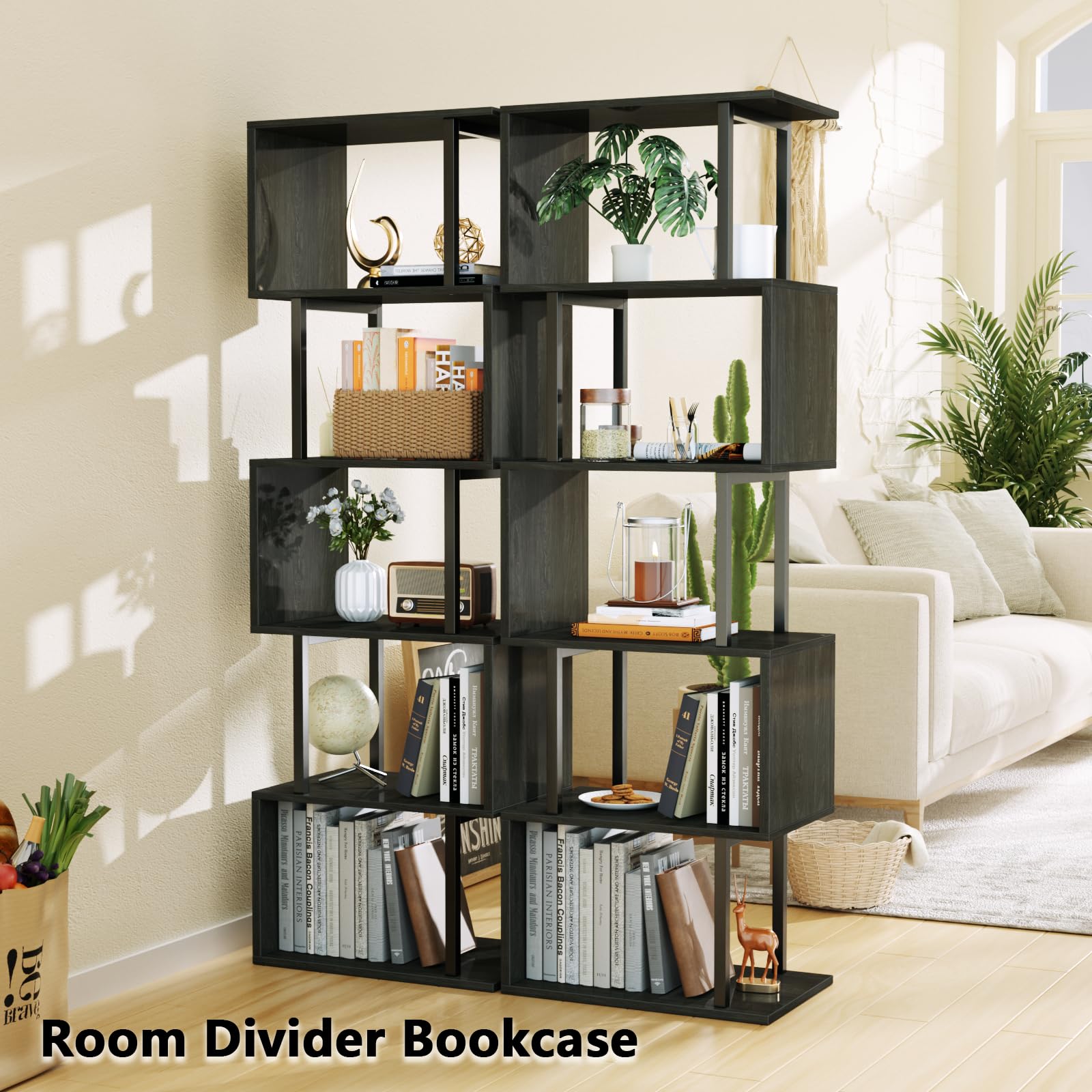 Furologee 6-Tier S-Shaped Geometric Bookshelf in Light Black Oak - Tall Industrial Display and Storage Shelf - WoodArtSupply