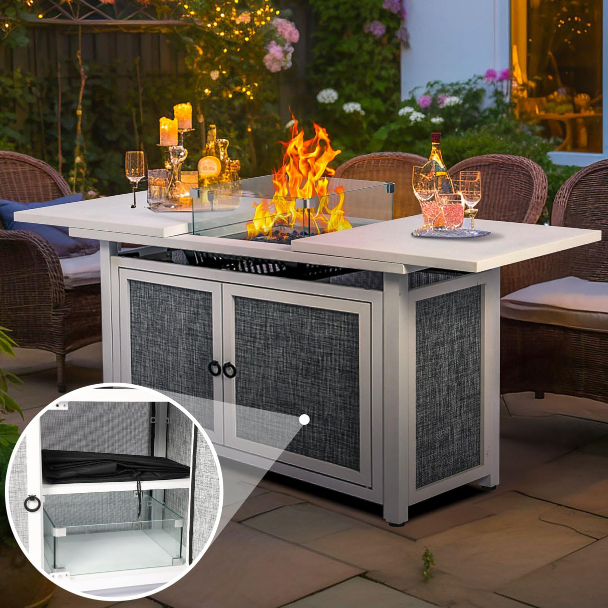 BOVONO 42inch Propane Fire Pit Table, Rectangular Gas Firepit Table with Removable Desktop,2 Tier Storage Shelves, Tempered Glass and Rain Cover for Garden, Patio & Backyard (White) BOVONO