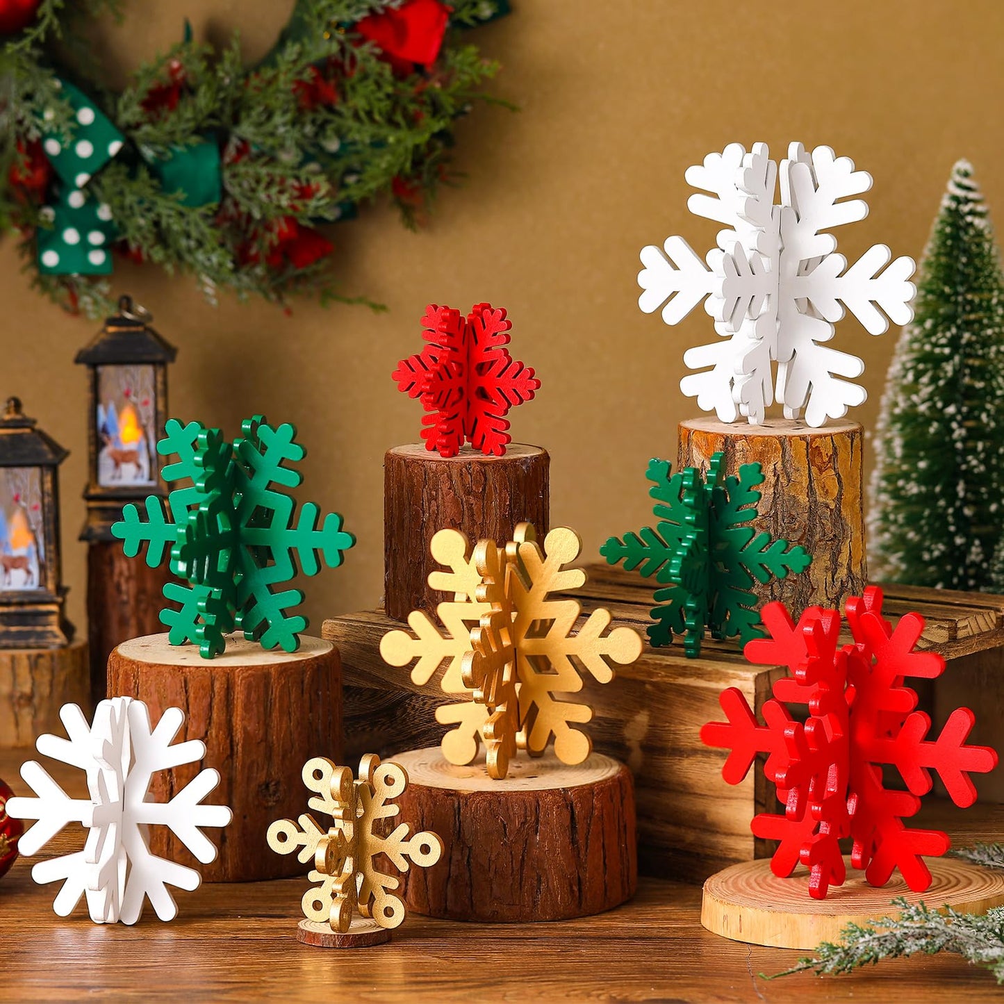 Wenqik 16 Pcs Winter Wooden Snowflake Decor Christmas Winter Snowflake Tabletop Decorations 3D Snowflake Table Signs Standing Centerpiece Tiered Tray Decorations for Party(Gold, White, Green, Red)