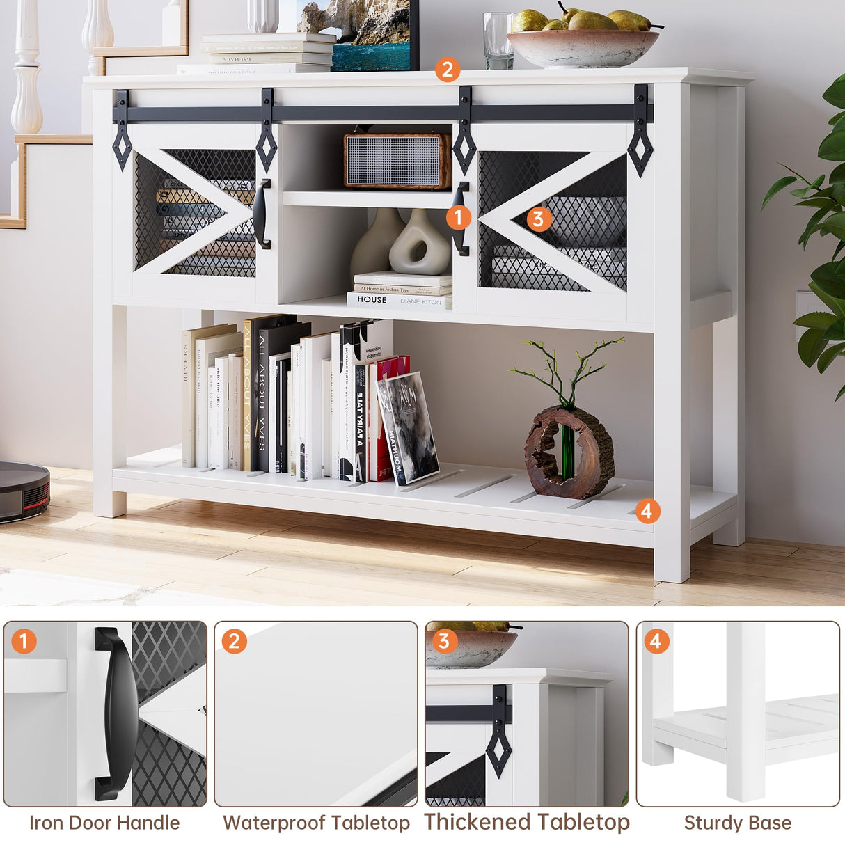 GAOMON Farmhouse Entryway Table with Sliding Barn Doors, Sofa Table with Storage and Open Shelf, Console Tables for Entryway, Hallway, White GAOMON