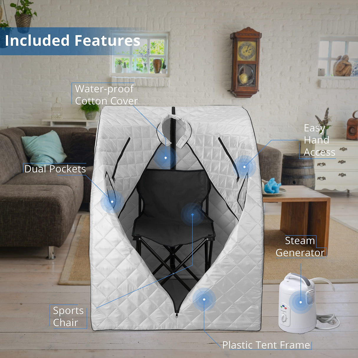 Durasage Oversized Portable Personal Steam Sauna Spa for Relaxation at Home, 60 Minute Timer, 800 Watt Steam Generator, Chair Included (Silver) Durasage