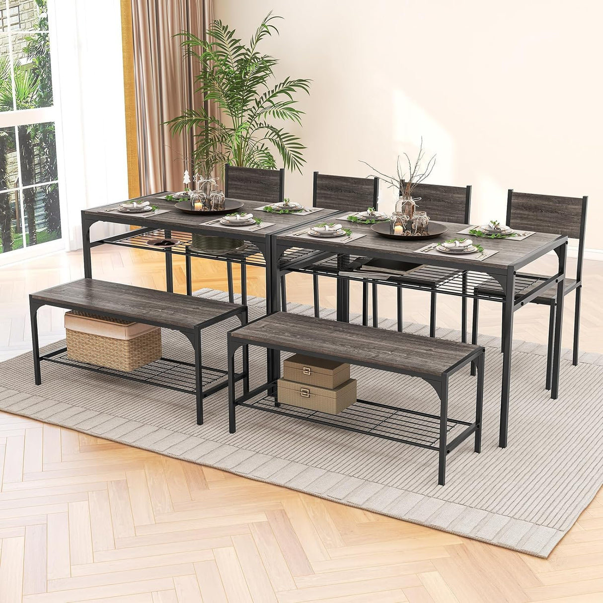 Tangkula Dining Table Set for 4, Kitchen Table and 2 Chairs for 4 with Bench, Additonal Storage Rack, 4 Piece Dining Table Set for Small Space, Apartment Tangkula