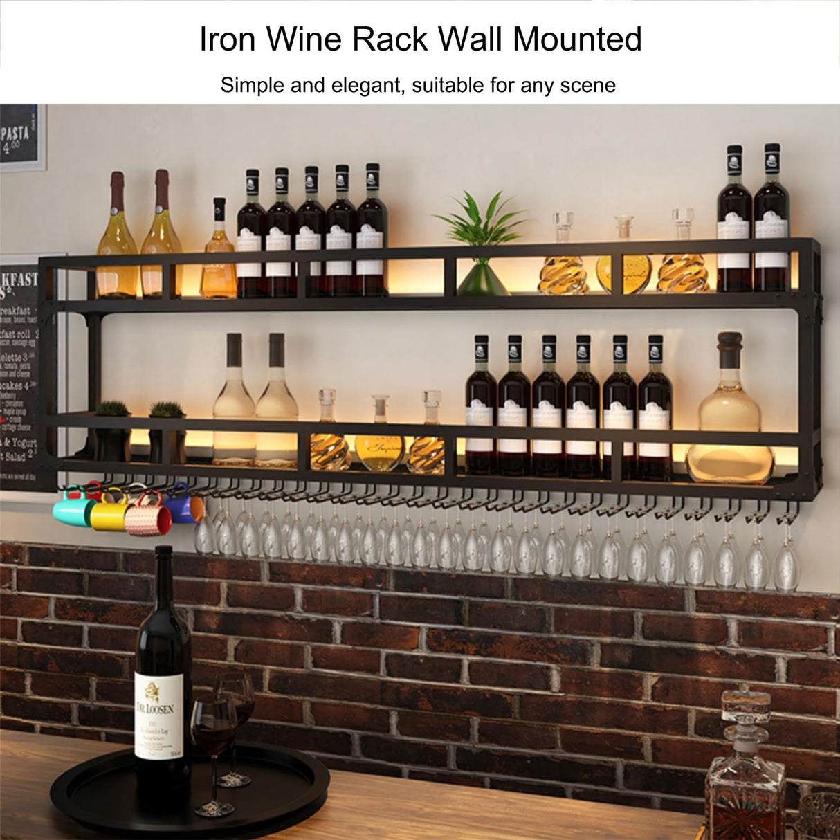 Wall Wine Rack Floating Bar Shelves Wall Mounted with LED Light Liquor Bottle Display Shelf with Hanging Wine Glass Rack Kitchen Wall Shelf Liquor Cabinet Bar Stand for Home Bar Cafe Restaurant(Black, WXZXWXZX