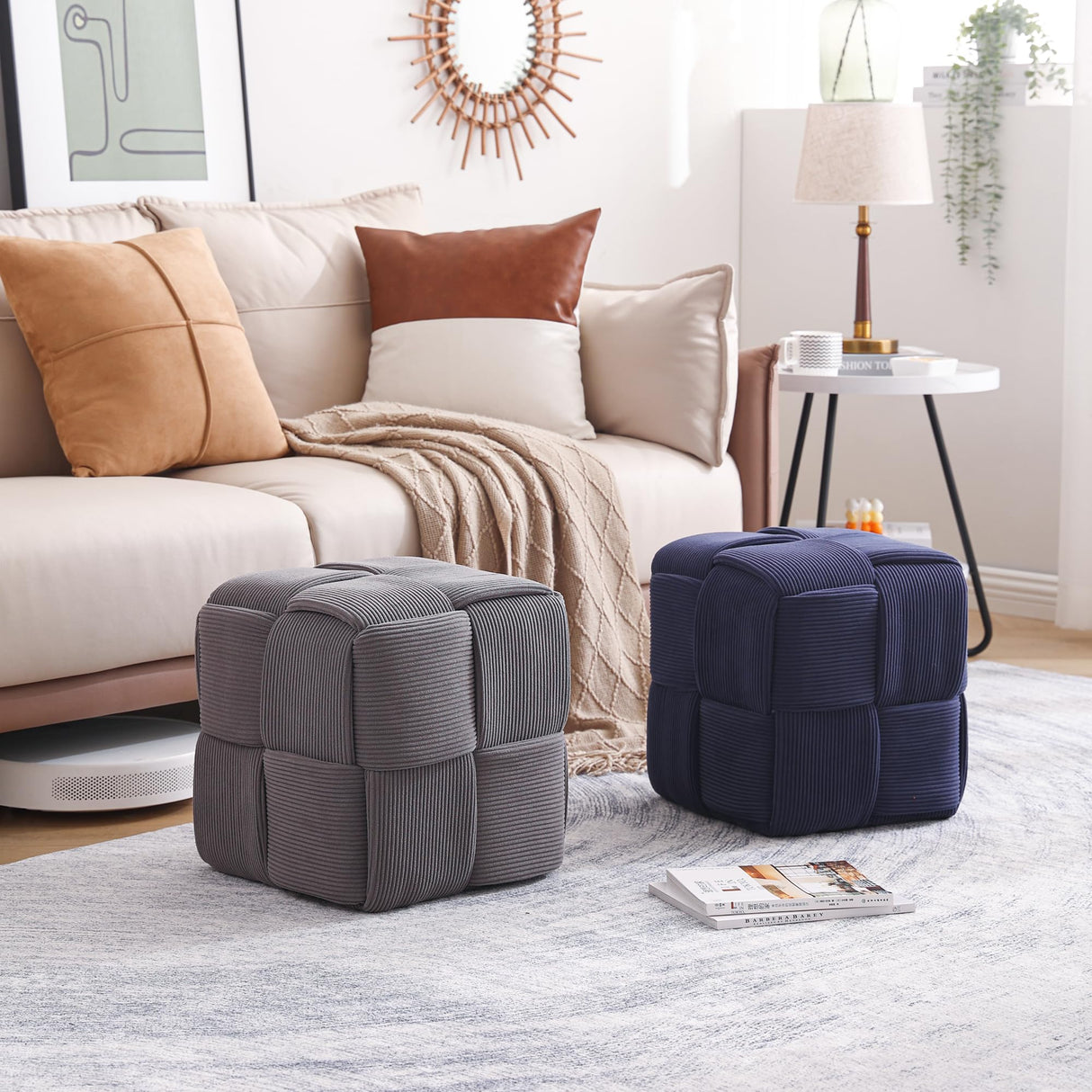 Cmishe Ottoman Foot Rest Soft and Comfortable Ottoman Square Corduroy Woven Design Sofa Stool (Blue) Cmishe