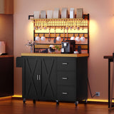 DWVO 53 inch Bakers Rack with Power Outlet and Storage, Farmhouse Coffee Bar Cabinet on Wheels, Microwave Stand Kitchen Cabinet with Hutch, LED Lights, Wine Glass Holder and 14 Hooks, Black DWVO