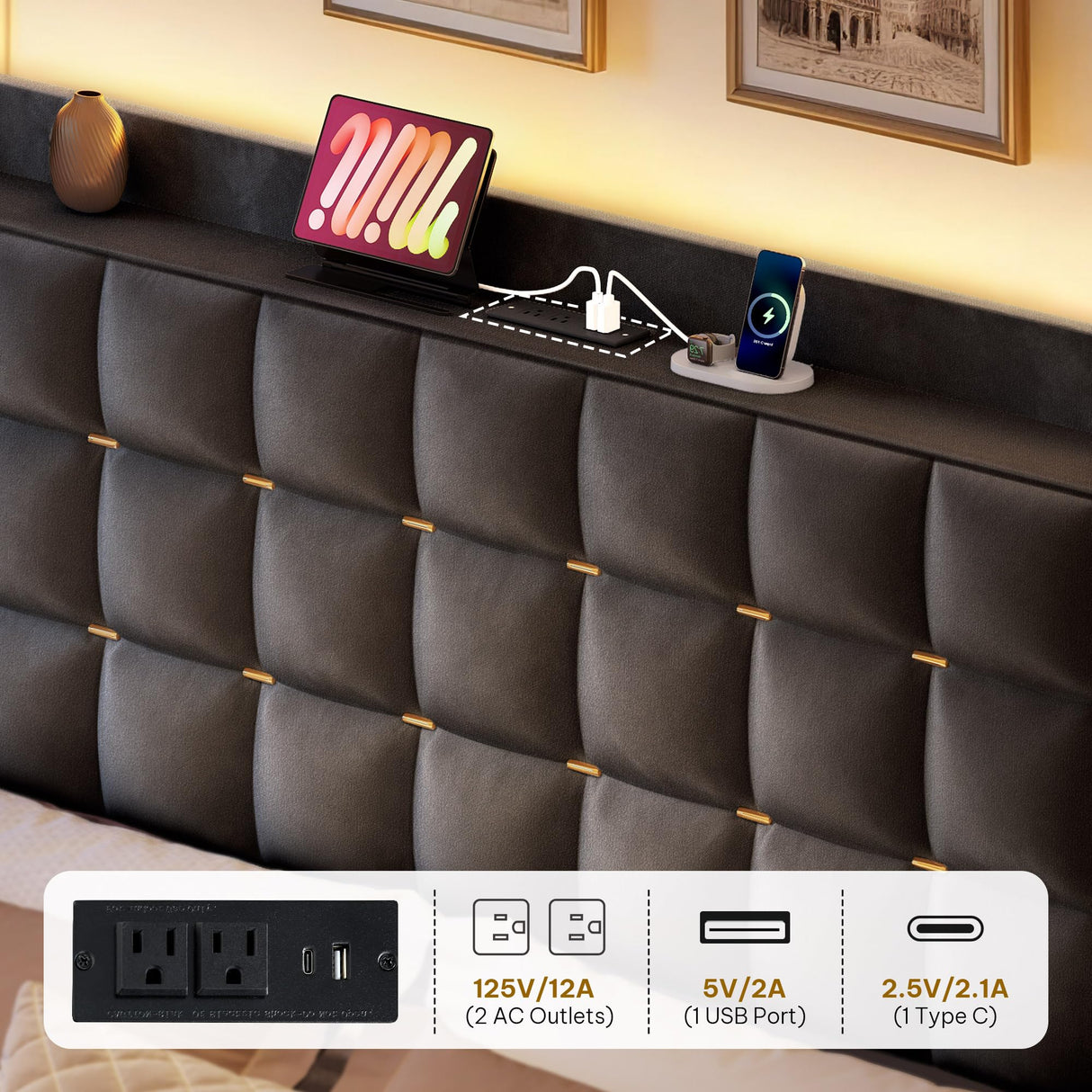 YITAHOME Queen Size Bed Frame with 3 Storage Drawers and RGB LED Lights, Velvet Upholstered Bed with Charging Station and Storage Headboard, No Box Spring Needed, Easy Assembly, Noise-Free, Grey YITAHOME