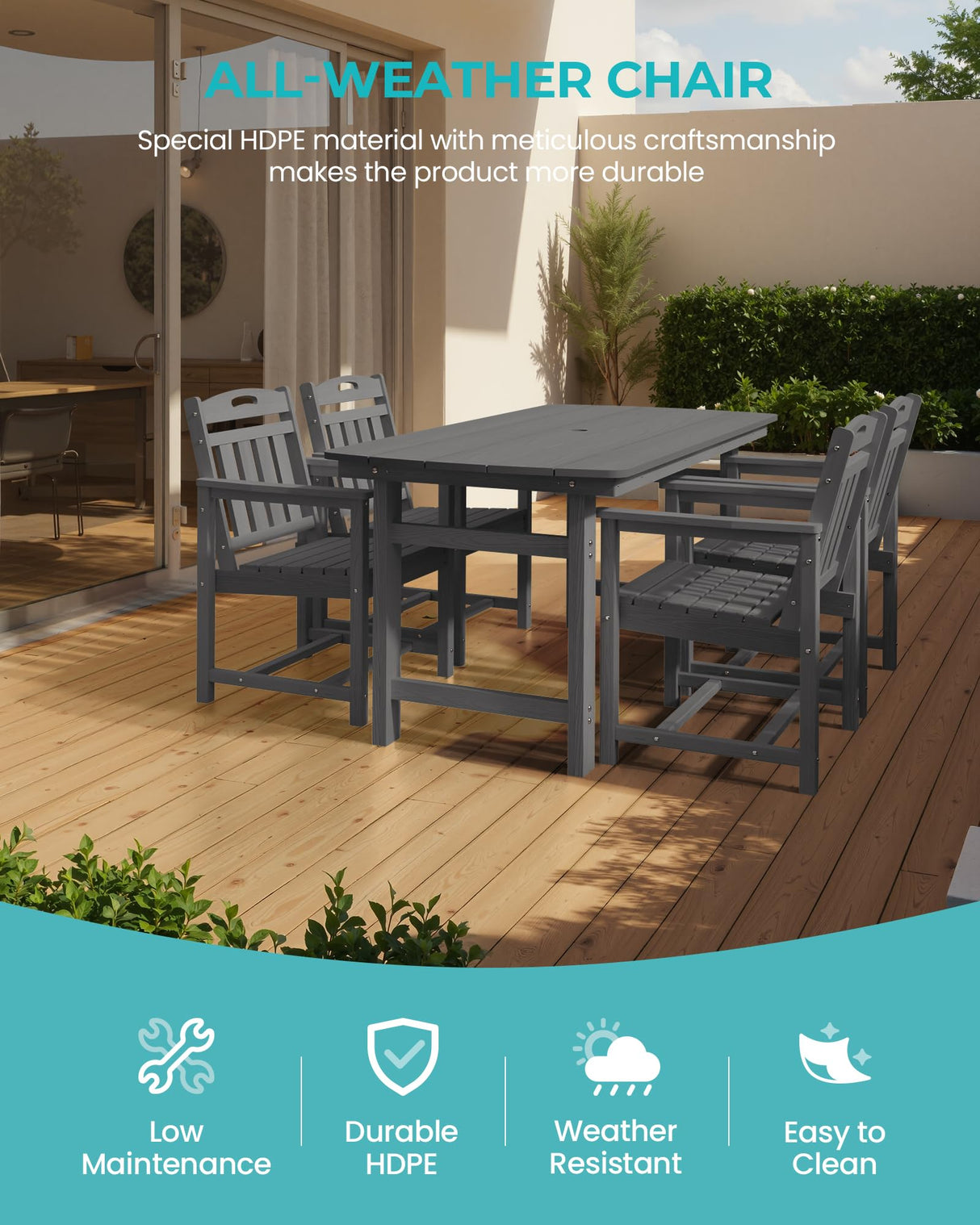 SUUNYN HDPE Outdoor Patio Dining Set with Table & 4 Chairs, All-Weather 5-Piece Outdoor Table and Chairs, 2" Umbrella Hole, Patio Furniture for Garden, Backyard, Deck | Grey SUUNYN