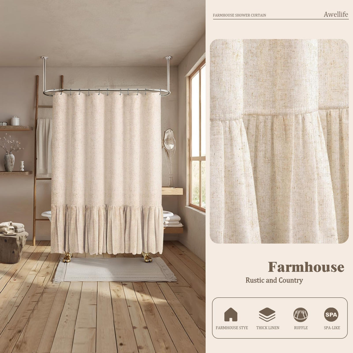 Awellife Linen Farmhouse Shower Curtain with A Ruffle Shower Curtain for Bathroom, Beige Natural 72"x72" 12 Hooks Awellife