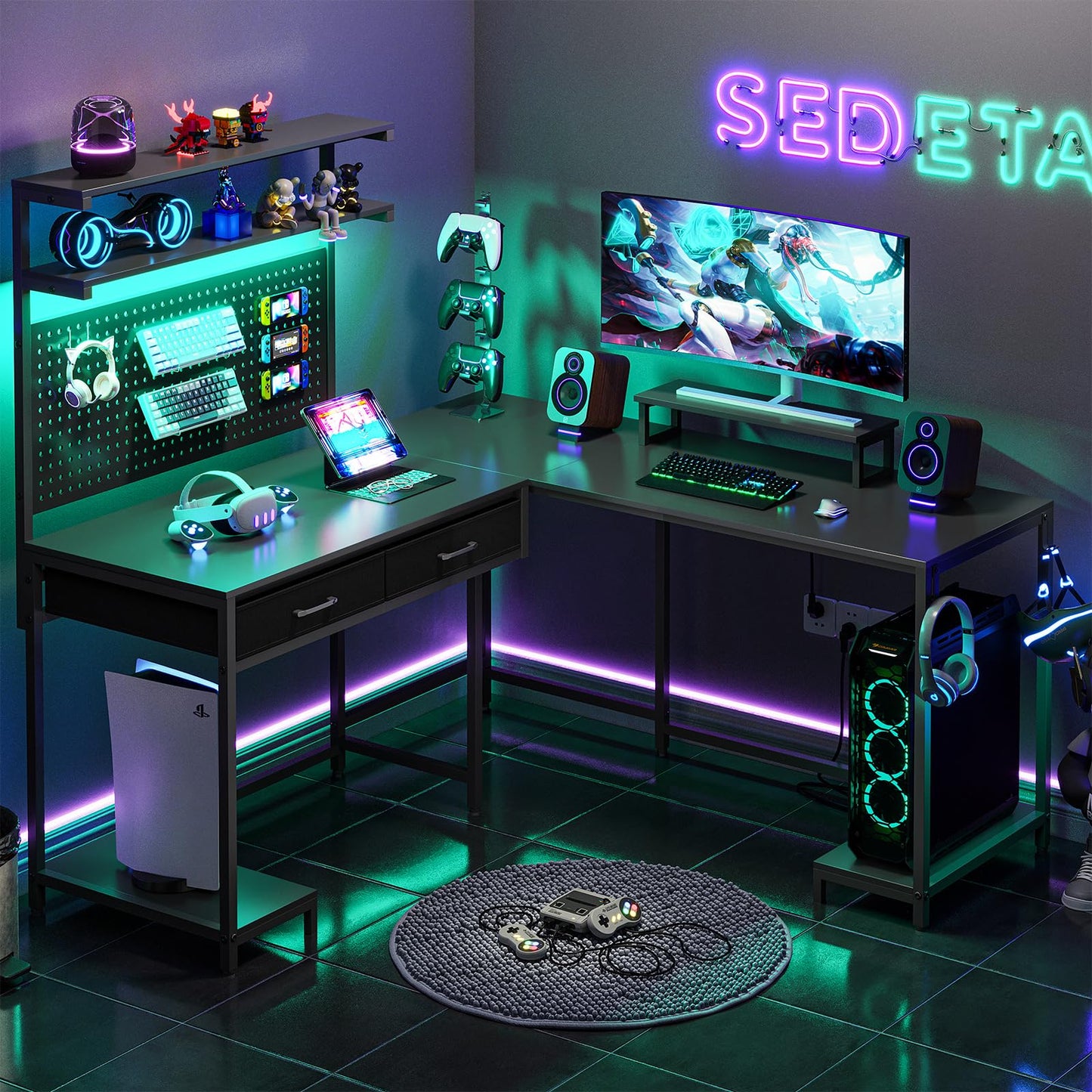 SEDETA L Shaped Gaming Desk with LED Lights, Pegboard and Drawers, Gaming Desk with Hutch, Computer Desk with Monitor Stand, Storage Shelves, Home Office Desk Corner Desk, Gaming Table, Black - WoodArtSupply