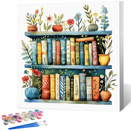 Framed Paint by Numbers Kit for Adults Beginner Bookshelf, Adult Paint by Number Kits on Canvas Framed, DIY Acrylic Oil Painting by Numbers with Frame, Book for Home Decor Gift 10 X 10 Inch Okarina