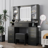 BORNOON Makeup Vanity with LARGE Lighted Mirror and Chair, 7 Drawers Vanity Makeup Desk Table with Power Strip, Adjustable Lighting, and Cushioned Storage Stool for Women, Girls, Teens, and Home Decor BORNOON