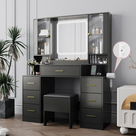 BORNOON Makeup Vanity with LARGE Lighted Mirror and Chair, 7 Drawers Vanity Makeup Desk Table with Power Strip, Adjustable Lighting, and Cushioned Storage Stool for Women, Girls, Teens, and Home Decor BORNOON