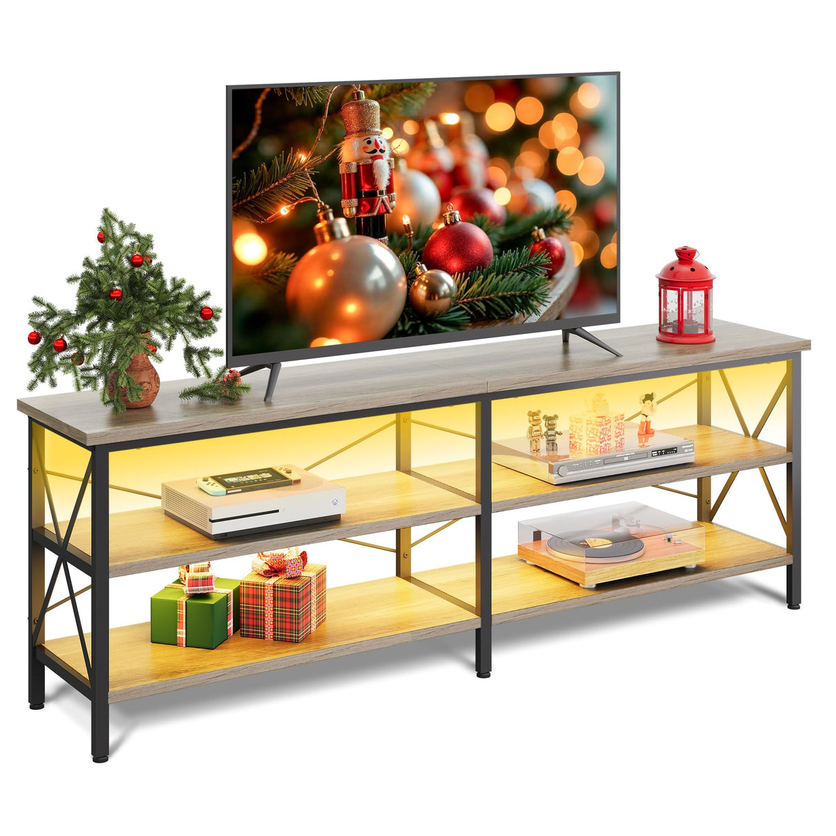 WLIVE TV Stand up to 70 Inch TV, 63" Entertainment Center with LED, TV Media Console with 3-Tier Storage Shelves for Living Room and Bedroom, Greige WLIVE