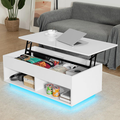 HOMMPA Lift Top Coffee Table with Hidden Storage LED Coffee Table Morden High Gloss White Living Room 3 Tiers Modern Tea Table with Storage Center Tables Hidden Compartment & 2 Open Shelves