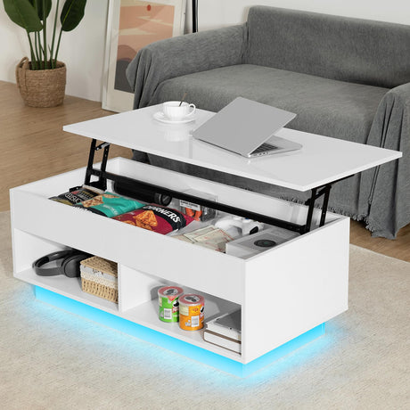 HOMMPA Modern Lift Top Coffee Table with Storage for Living Room LED Coffee Table Wodden Lift Tabletop Dining Table with Hidden Compartment and Metal Frame, White HOMMPA