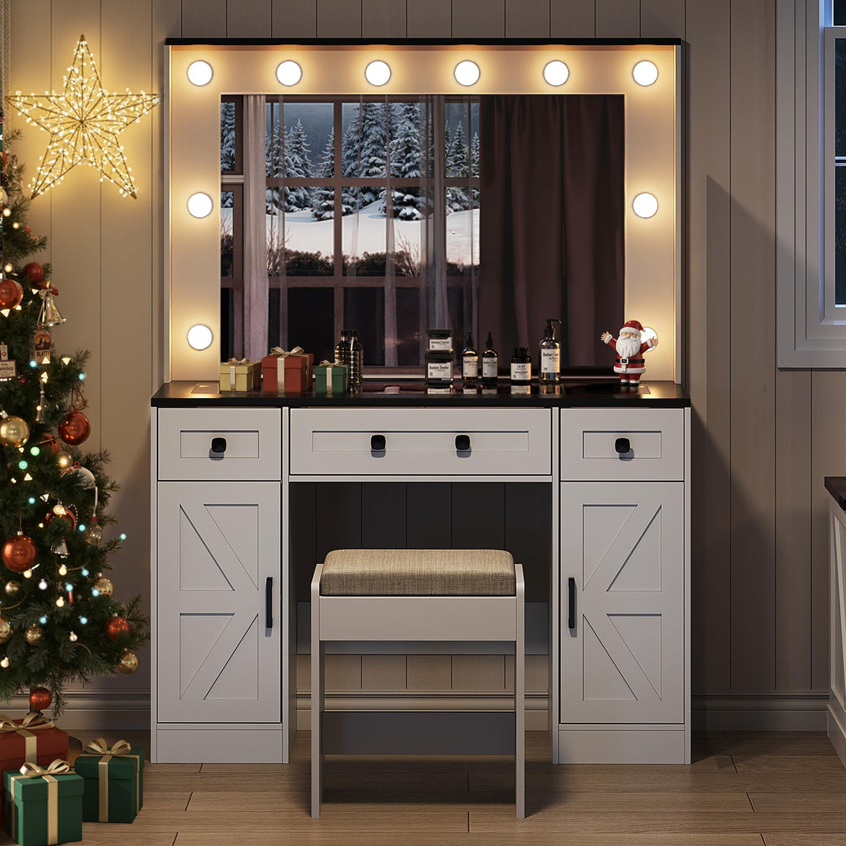 WLIVE 43‘’ Farmhouse Makeup Vanity Desk with Large Mirror and Lights, Glass Top Vanity Table with 3 Drawers and 2 Cabinets, Dressing Table w/ 3 Color Modes for Bedroom, Vanity with Lights (White) WLIVE