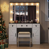 WLIVE 43‘’ Farmhouse Makeup Vanity Desk with Large Mirror and Lights, Glass Top Vanity Table with 3 Drawers and 2 Cabinets, Dressing Table w/ 3 Color Modes for Bedroom, Vanity with Lights (White) WLIVE