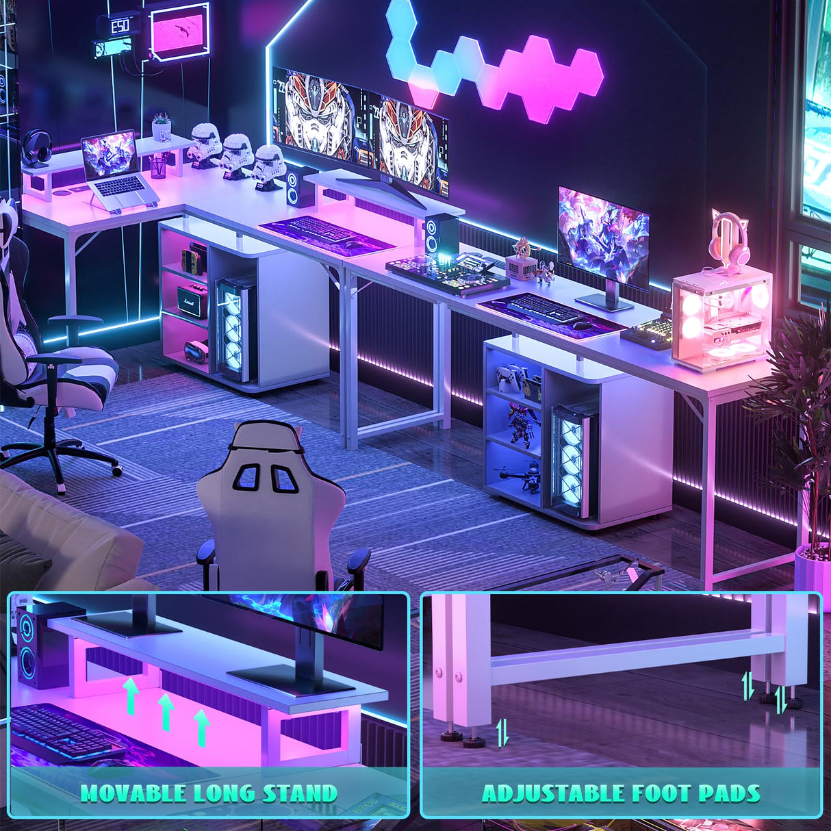 Cyclysio L Shaped Gaming Desk with Wood Cabinet, 58" Large Corner Desk with LED Lights & Power Outlet, Reversible Computer Desk with Monitor Stand, Home Office Desk 2 Person Corner Desk, White Cyclysio