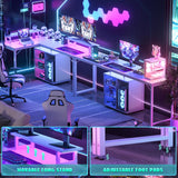 Cyclysio L Shaped Gaming Desk with Wood Cabinet, 58" Large Corner Desk with LED Lights & Power Outlet, Reversible Computer Desk with Monitor Stand, Home Office Desk 2 Person Corner Desk, White Cyclysio