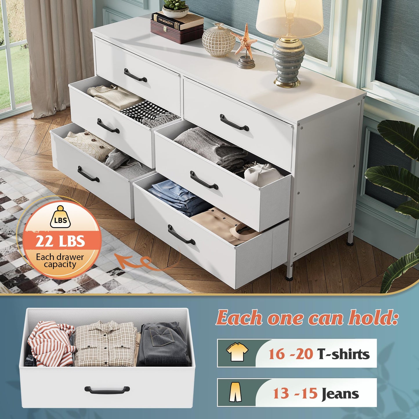 WLIVE Wide Fabric Dresser, 6 Drawer Dresser TV Stand for 60" TV, Dressers Bedroom Furniture Large Storage Tower Unit with Fabric Bins, White Dresser for Bedroom, Closet, Hallway, White