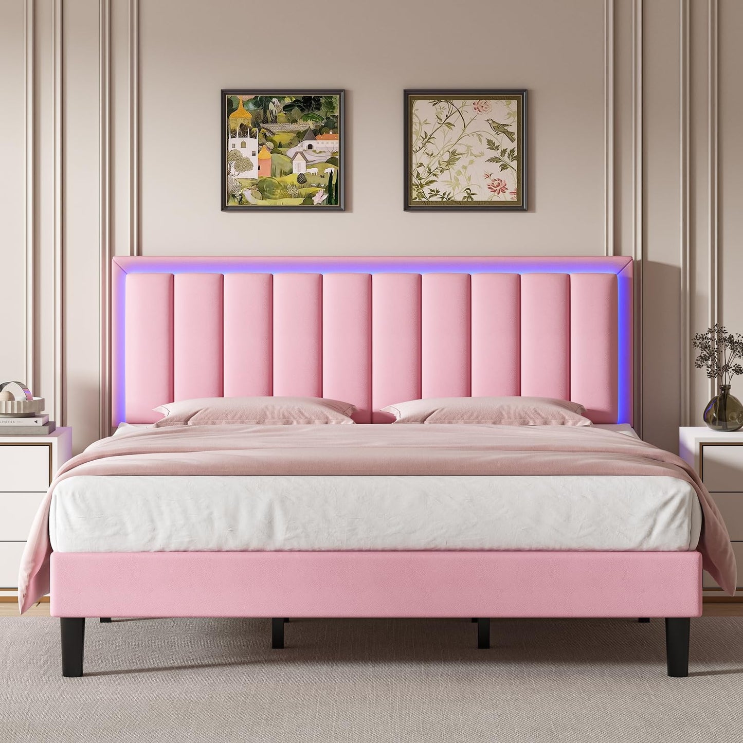 BarnFurin Pink King Size Bed Frame with LED Lights and Upholstered Headboard - WoodArtSupply