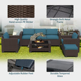 YLGJ&TIDY 7-Piece Outdoor Sectional Patio Furniture Set, All-Weather Wicker Rattan Sofa w/Thick Washable Cushions & Tempered Glass Table, Perfect for Garden, Poolside, Backyard (Brown&Peacock Blue) YLGJ&TIDY
