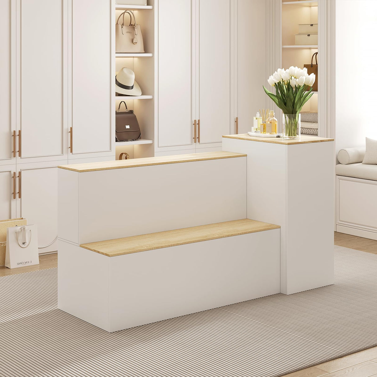 ZORPLIX Display Stand, Closet Island with Drawers, Wardrobe Armoire Island, Bedroom Island with Shoe Bench and Storage Compartment, Island Dresser for Closet, Clothing Store ZORPLIX