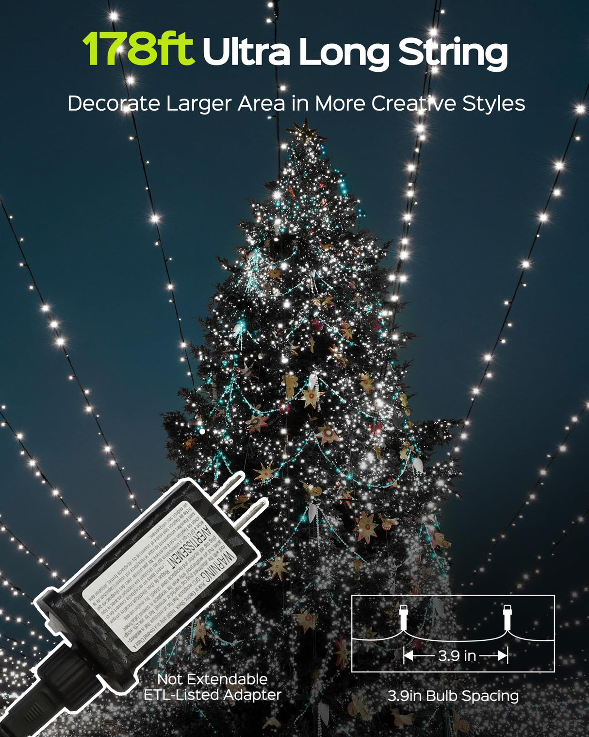 JACKYLED Outdoor String Lights Waterproof, 178FT 500 LED Plug in Christmas Light with 8 Modes, Fairy String Lights for Xmas Tree Halloween Holiday Party Garden Yard House Decoration, Cool White JACKYLED