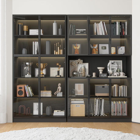 Mekminop Wood and Glass Display Cabinet, Modern Bookcase with Glass Doors, Led Light & Shelves, 78.7” W Large Combination Storage Cabinet with Handle for Home Office, Living Room, Black Mekminop