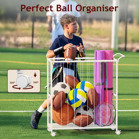 Homsorout Ball Storage Bin Rolling Sports Ball Cart, Metal Garage Organizer Sport Rack, Ball Basket Storage, Ball Cage for Garage or Gym, Indoor & Outdoor Sports Equipment Organizer white Homsorout
