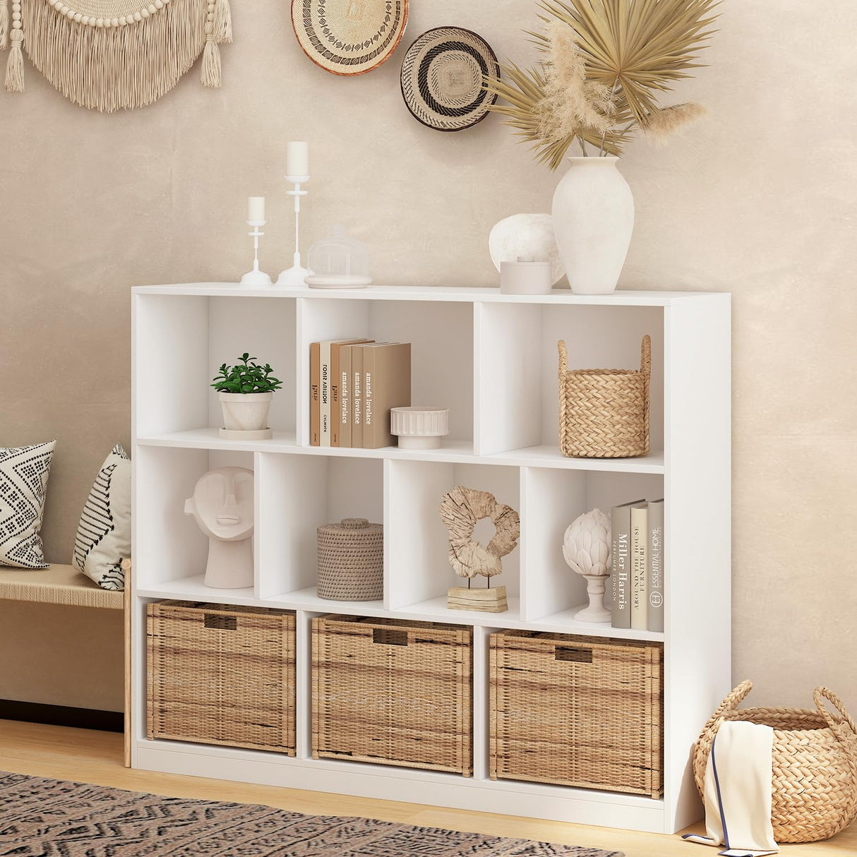 NewBeth Wooden 10 Cube Book Shelf with Base,3 Tier Freestanding Horizontal Bookshelf, Open Bookcase Cube Shelf Storage Organizer for Bedroom, Living Room, Office, Study Room, White NewBeth