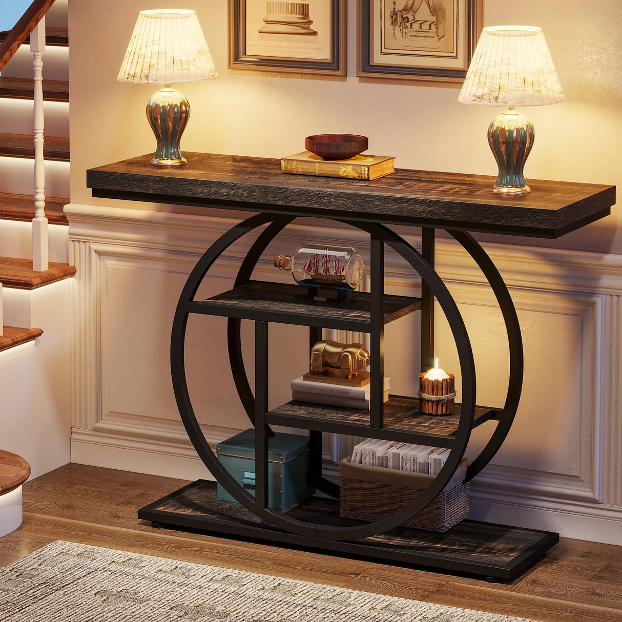 Tribesigns 41.3" Console Table, Industrial 4-Tier Sofa Table Entryway Table with Circle Base, Narrow Wood Accent Tables with Storage Shelves for Living Room, Hallway, Foyer, Black Tribesigns