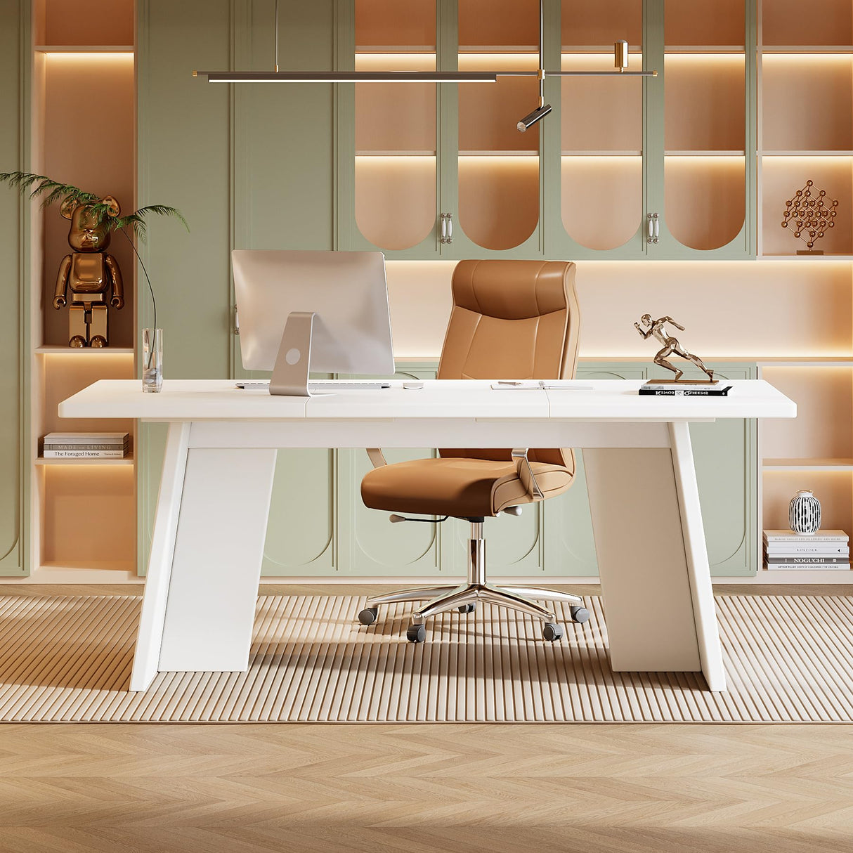 Tribesigns White Executive Desk, 63" Large Office Computer Conference Meeting Table with Wooden Robust Pedestal, Simple Modern Workstation Business Furniture for Home Office Tribesigns