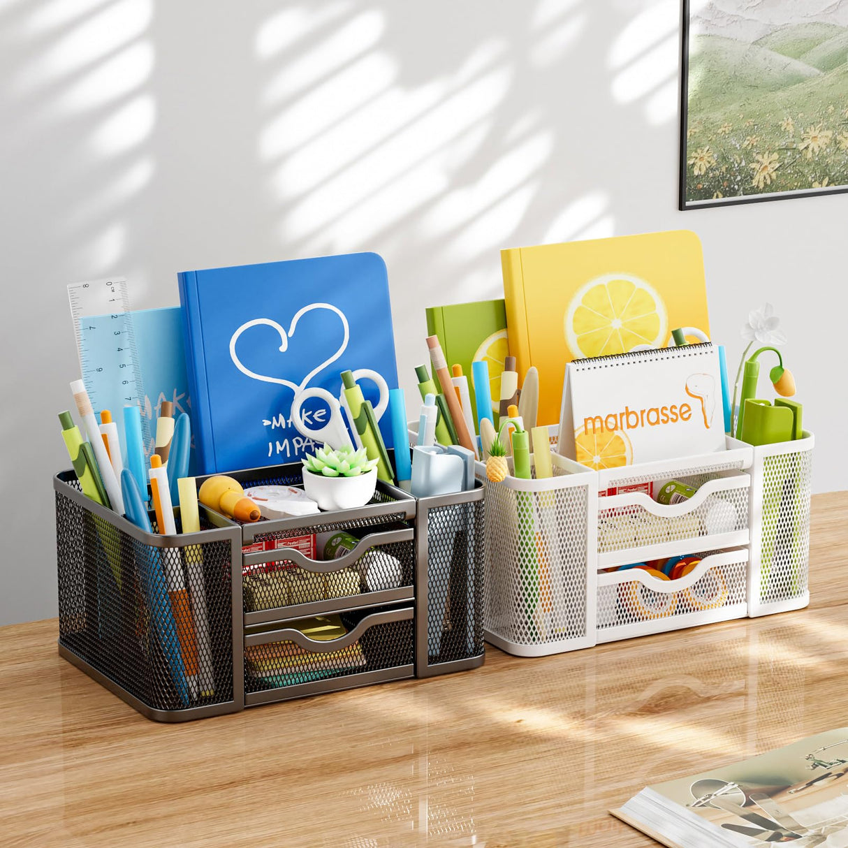 Marbrasse Mesh Desk Organizer, Pen Organizer with 2 Drawer, Multi-Functional Pencil Holder, Desk Organizers and Accessories with 5 Compartments + Drawer for Office Art Supplies (Black) Marbrasse